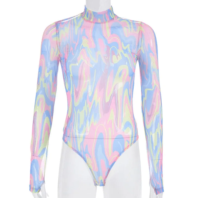 Women's Spring/Summer Long-Sleeved Multicolor Mesh Bodysuit