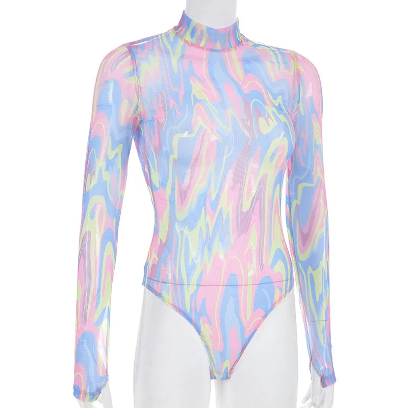 Women's Spring/Summer Long-Sleeved Multicolor Mesh Bodysuit
