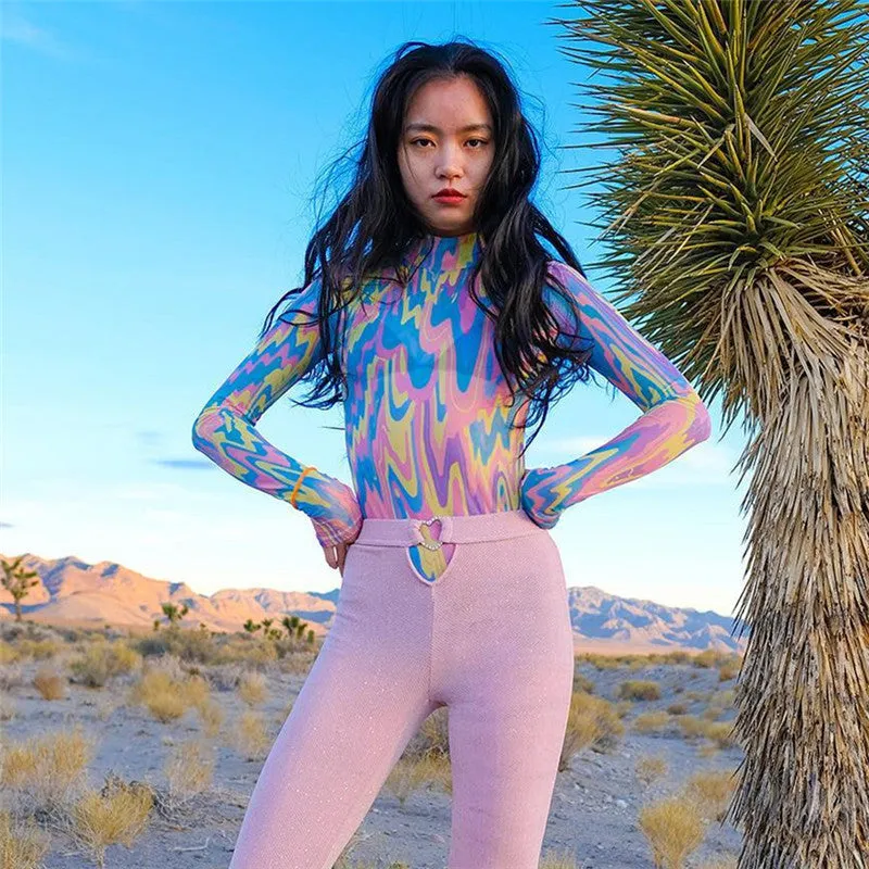 Women's Spring/Summer Long-Sleeved Multicolor Mesh Bodysuit