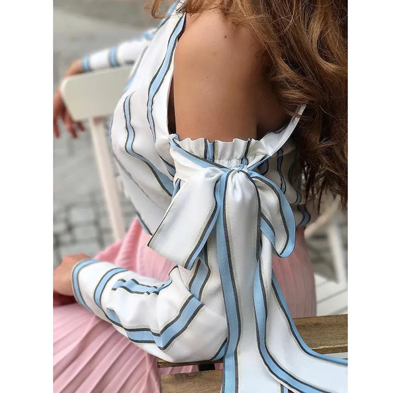Women's Spring/Summer One-Shoulder Long-Sleeved Striped Chiffon Blouse
