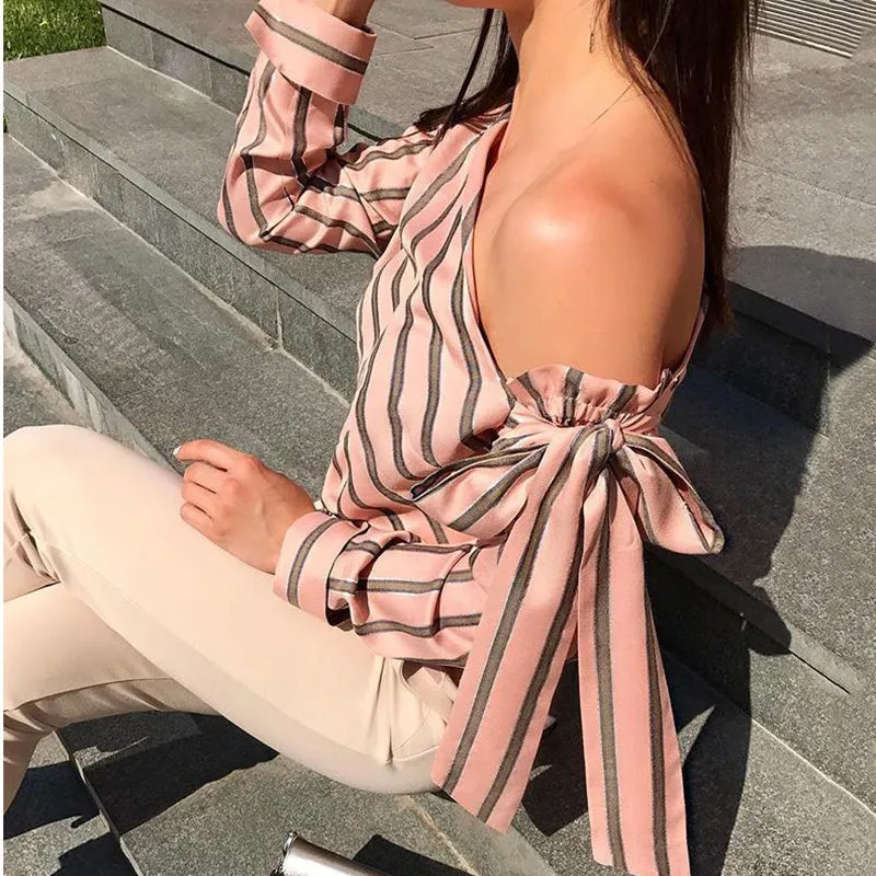 Women's Spring/Summer One-Shoulder Long-Sleeved Striped Chiffon Blouse