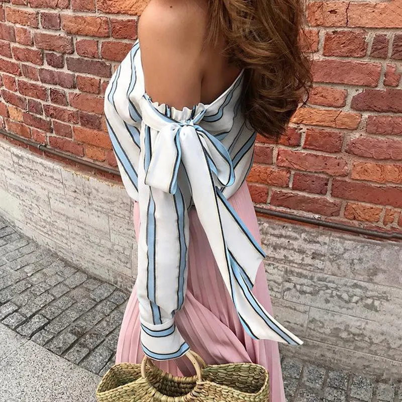 Women's Spring/Summer One-Shoulder Long-Sleeved Striped Chiffon Blouse