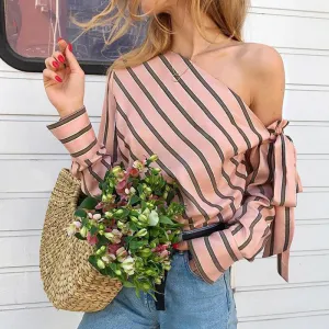 Women's Spring/Summer One-Shoulder Long-Sleeved Striped Chiffon Blouse