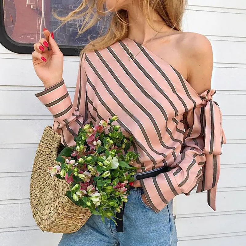 Women's Spring/Summer One-Shoulder Long-Sleeved Striped Chiffon Blouse