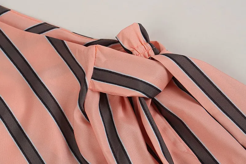 Women's Spring/Summer One-Shoulder Long-Sleeved Striped Chiffon Blouse
