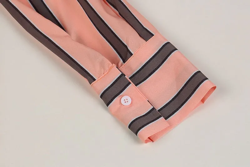 Women's Spring/Summer One-Shoulder Long-Sleeved Striped Chiffon Blouse