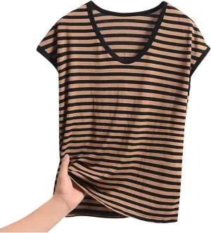 Women's Striped Sleep T-Shirt Loose Crew Neck Pajamas Tops Cap Sleeve Sleepwear Soft Pjs Tshirts Comfy Lounge Tees