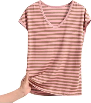 Women's Striped Sleep T-Shirt Loose Crew Neck Pajamas Tops Cap Sleeve Sleepwear Soft Pjs Tshirts Comfy Lounge Tees