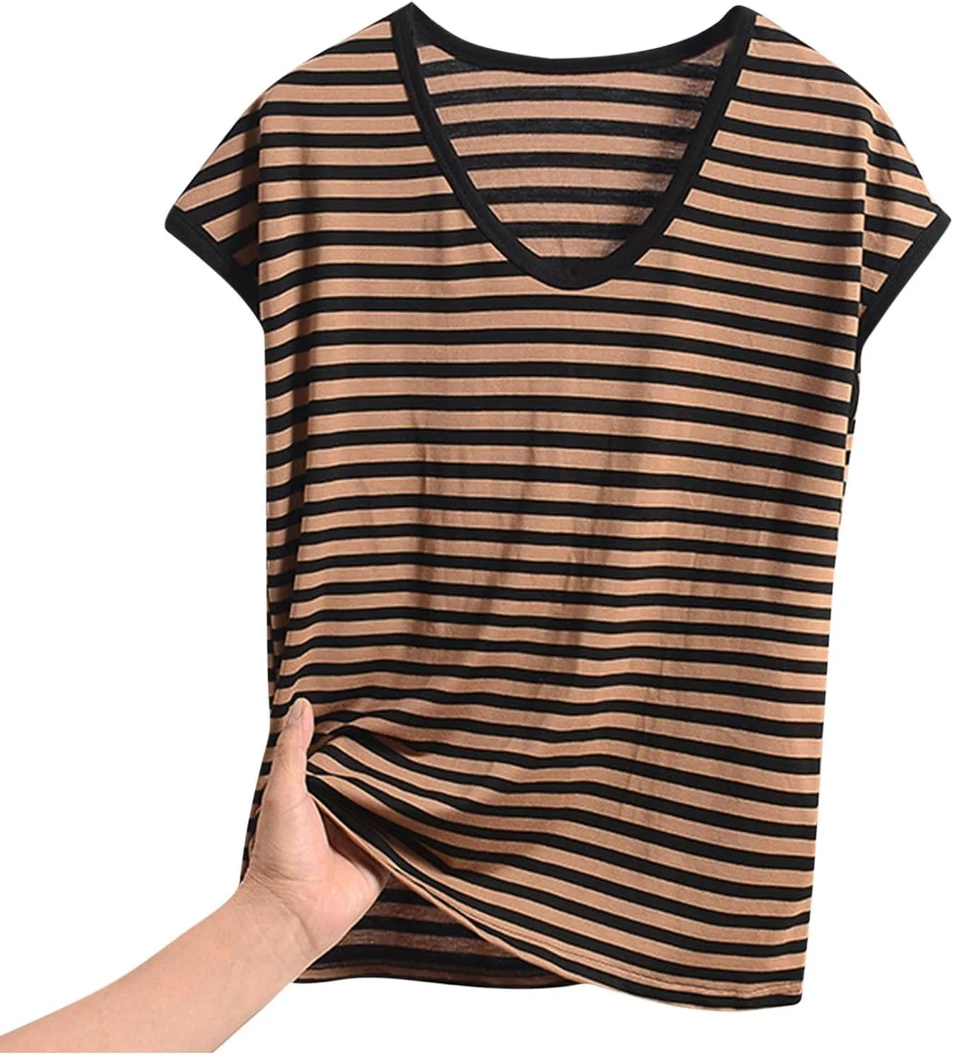 Women's Striped Sleep T-Shirt Loose Crew Neck Pajamas Tops Cap Sleeve Sleepwear Soft Pjs Tshirts Comfy Lounge Tees