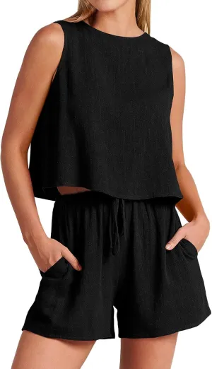 Women's Summer 2 Piece Sets Sleeveless Crop Tank Tops and High Elastic Waist Wide Leg Shorts Linen Clothing Set
