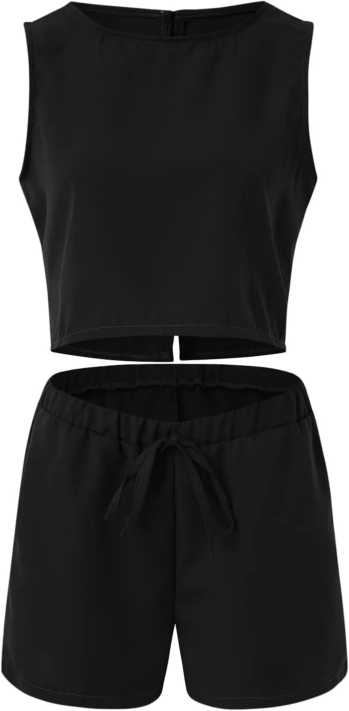 Women's Summer 2 Piece Sets Sleeveless Crop Tank Tops and High Elastic Waist Wide Leg Shorts Linen Clothing Set