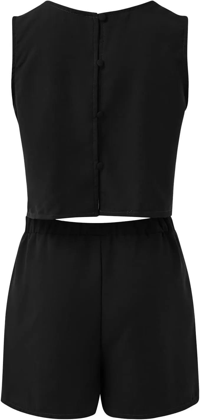 Women's Summer 2 Piece Sets Sleeveless Crop Tank Tops and High Elastic Waist Wide Leg Shorts Linen Clothing Set