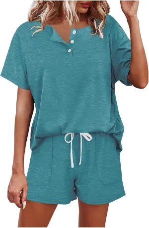 Women's Summer 2 Piece Sweatsuit Sets V Neck Button Down Tops and Shorts Set Loose Fit Tracksuit with Pockets