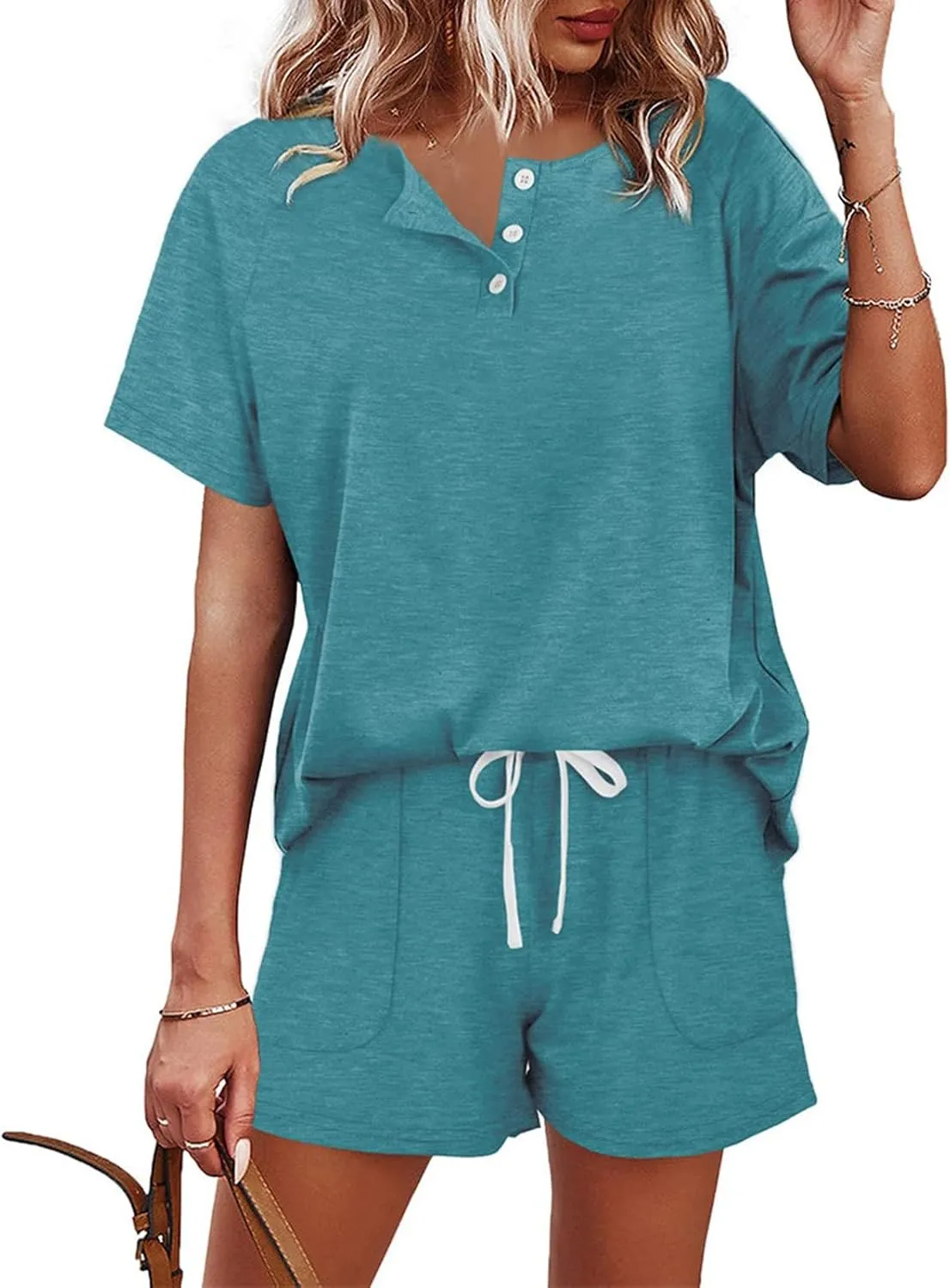 Women's Summer 2 Piece Sweatsuit Sets V Neck Button Down Tops and Shorts Set Loose Fit Tracksuit with Pockets
