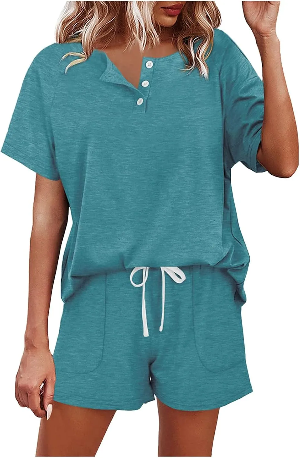 Women's Summer 2 Piece Sweatsuit Sets V Neck Button Down Tops and Shorts Set Loose Fit Tracksuit with Pockets