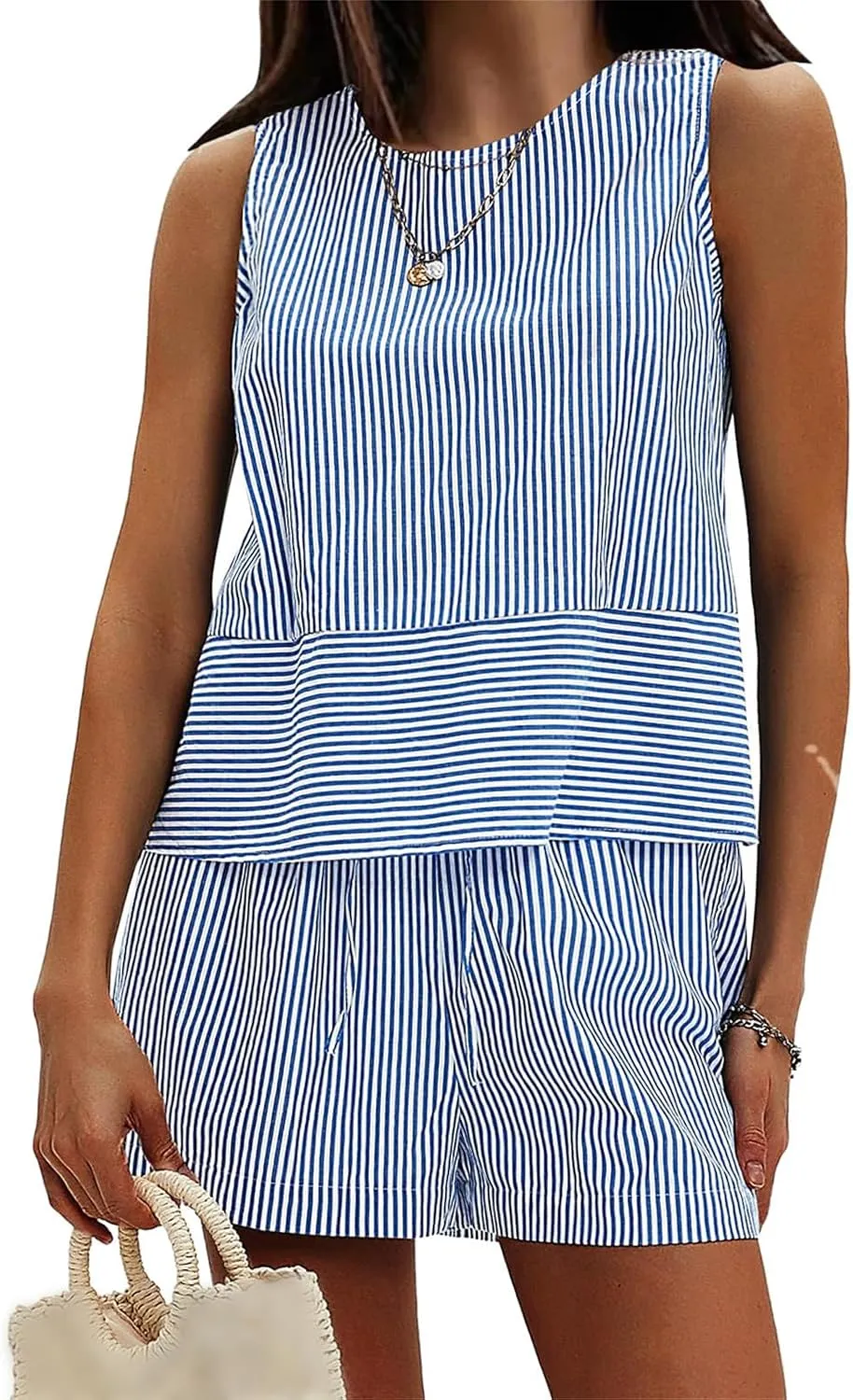 Womens Summer 2 Piece Tank Top Set Striped Sleeveless Round Neck Tank Top Matching Drawstring Shorts Sets Sweatsuits