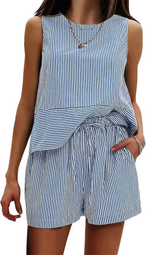 Womens Summer 2 Piece Tank Top Set Striped Sleeveless Round Neck Tank Top Matching Drawstring Shorts Sets Sweatsuits
