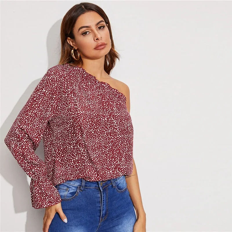 Women's Summer Asymmetrical Polyester Blouse With Ruffles