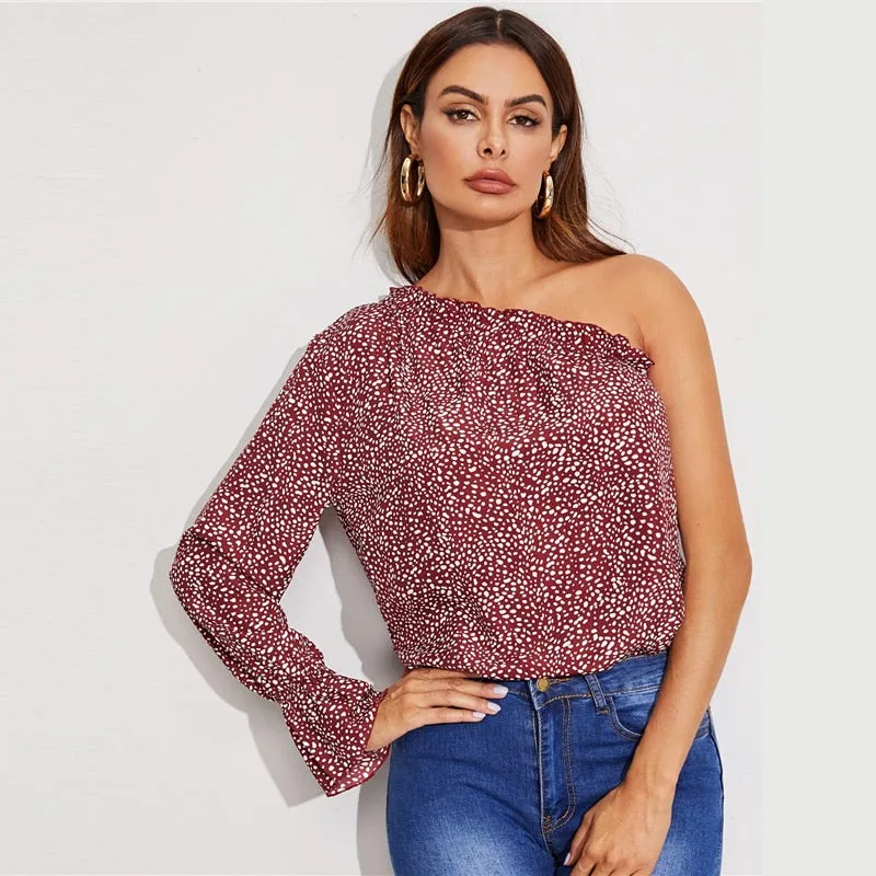 Women's Summer Asymmetrical Polyester Blouse With Ruffles