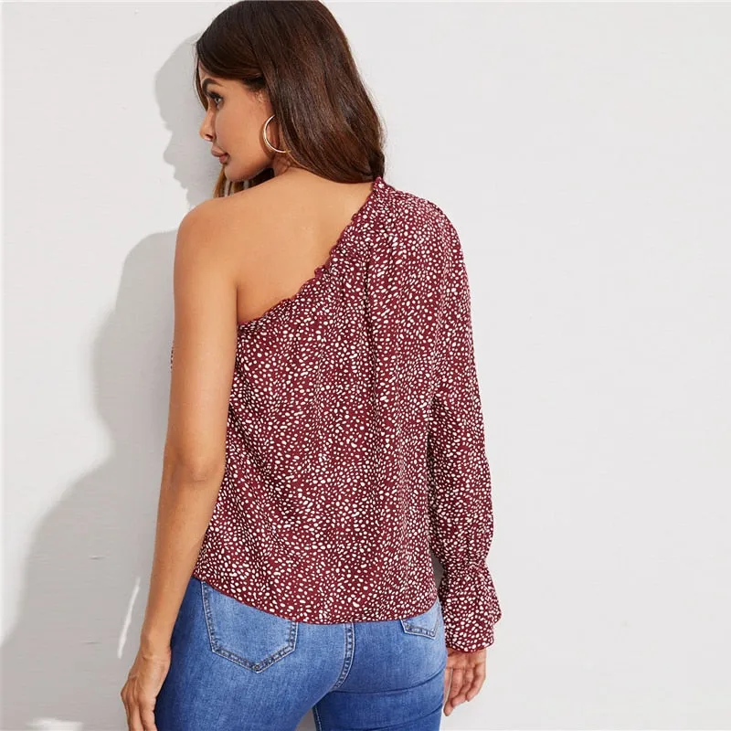 Women's Summer Asymmetrical Polyester Blouse With Ruffles