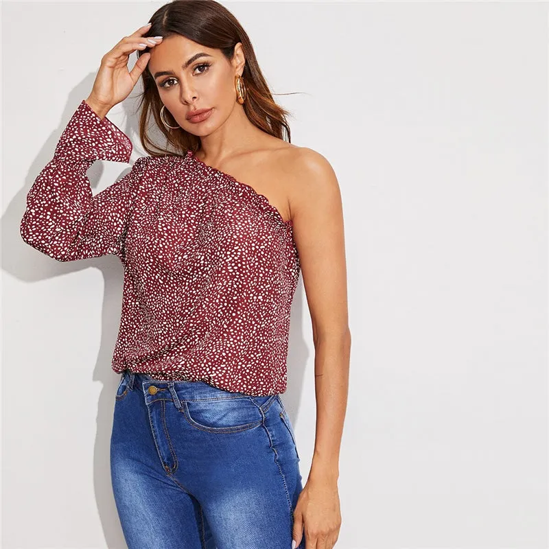 Women's Summer Asymmetrical Polyester Blouse With Ruffles