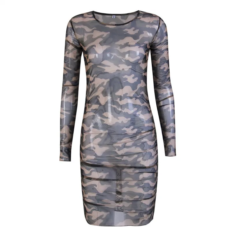 Women's Summer Camouflage Mesh Long-Sleeved Bodycon Dress
