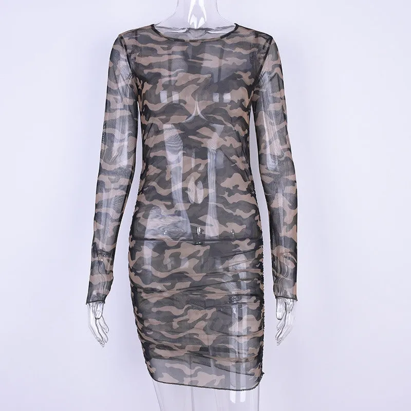 Women's Summer Camouflage Mesh Long-Sleeved Bodycon Dress