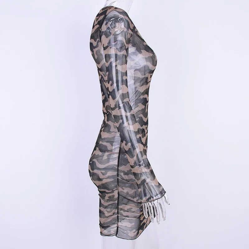 Women's Summer Camouflage Mesh Long-Sleeved Bodycon Dress