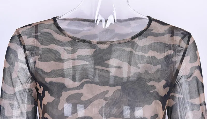 Women's Summer Camouflage Mesh Long-Sleeved Bodycon Dress
