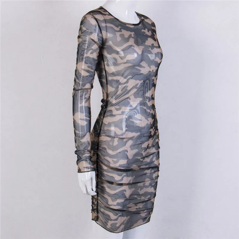 Women's Summer Camouflage Mesh Long-Sleeved Bodycon Dress