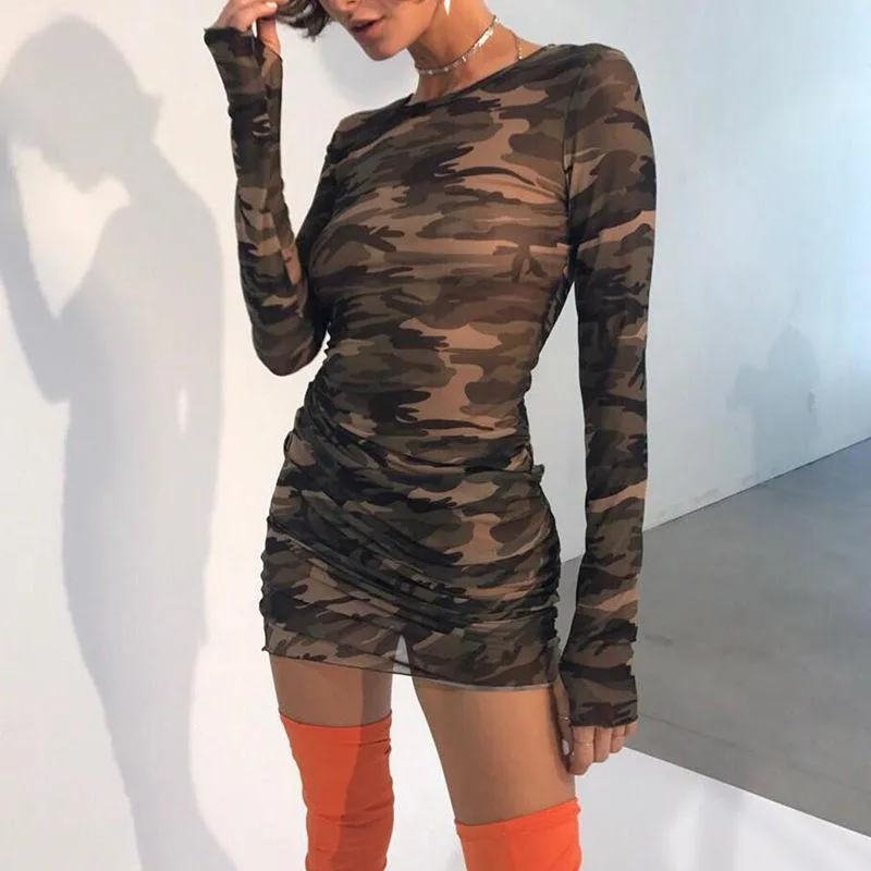 Women's Summer Camouflage Mesh Long-Sleeved Bodycon Dress