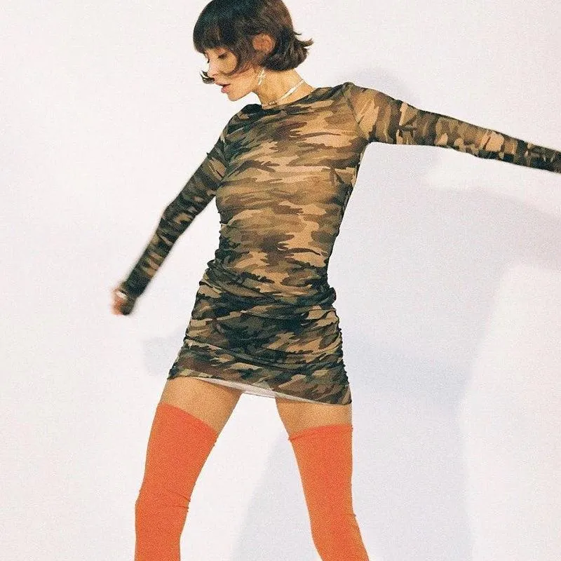 Women's Summer Camouflage Mesh Long-Sleeved Bodycon Dress