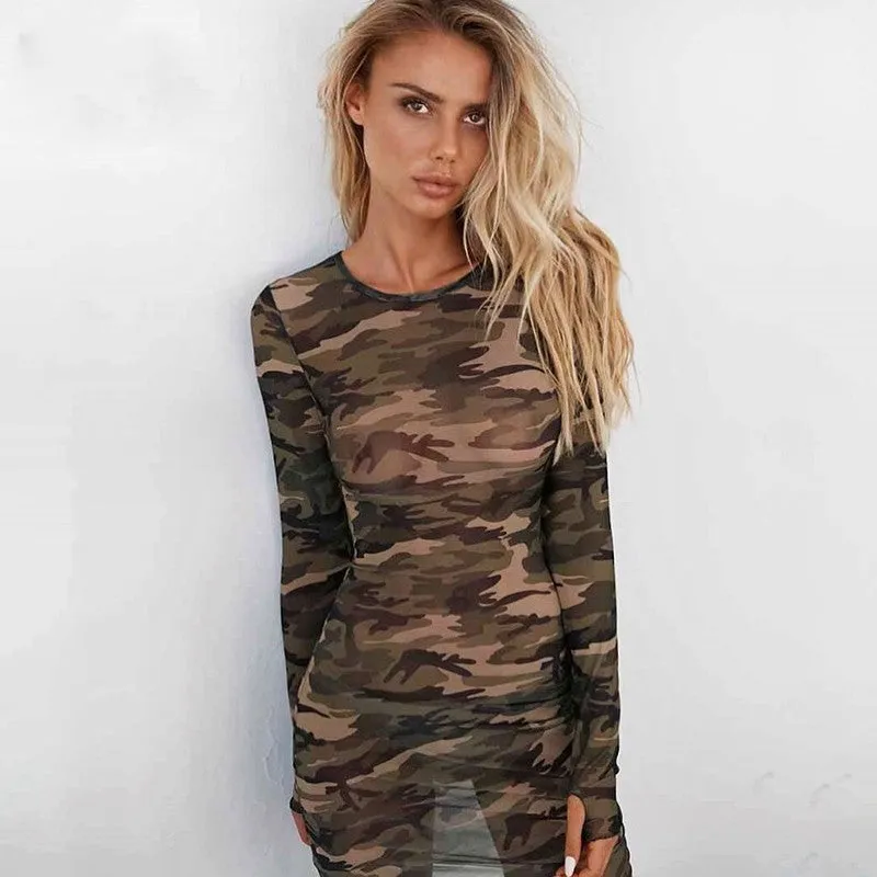 Women's Summer Camouflage Mesh Long-Sleeved Bodycon Dress