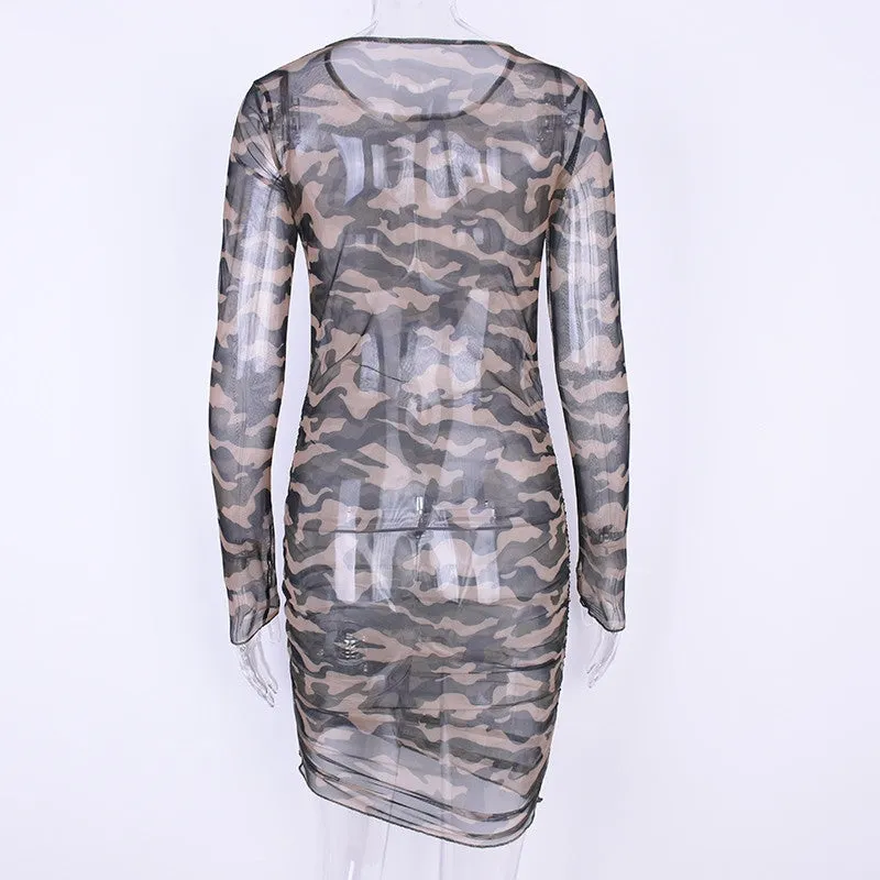 Women's Summer Camouflage Mesh Long-Sleeved Bodycon Dress
