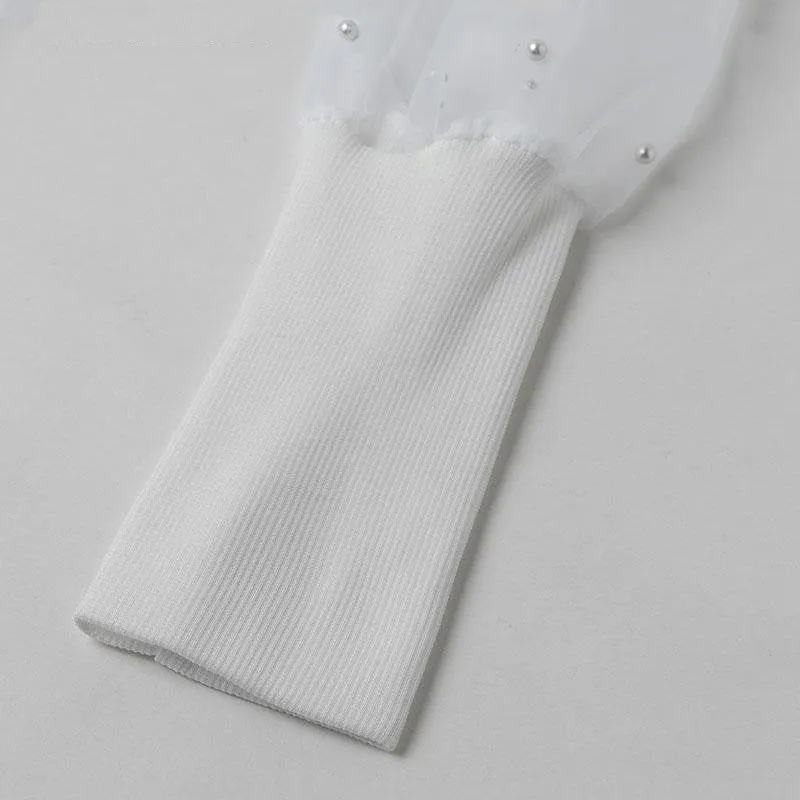 Women's Summer Casual Mesh Puff-Sleeved Beaded Blouse