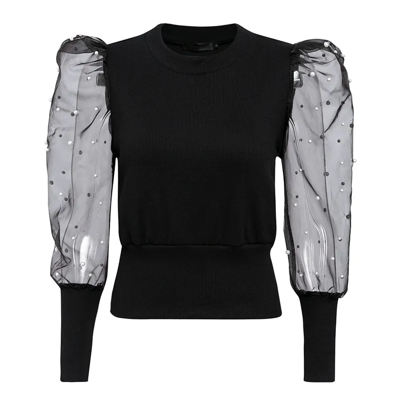 Women's Summer Casual Mesh Puff-Sleeved Beaded Blouse
