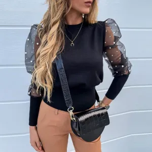 Women's Summer Casual Mesh Puff-Sleeved Beaded Blouse
