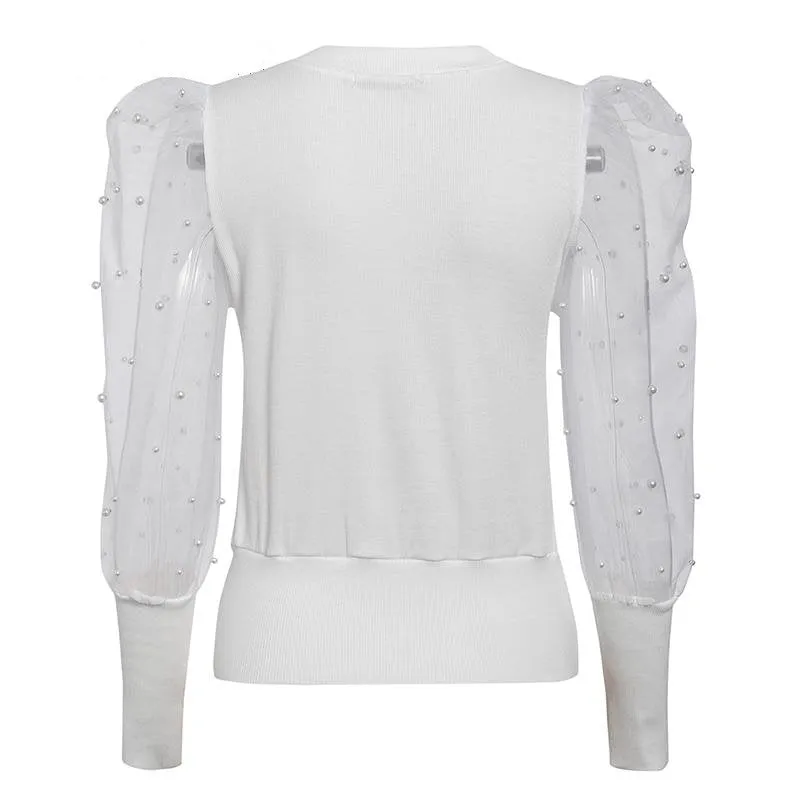 Women's Summer Casual Mesh Puff-Sleeved Beaded Blouse