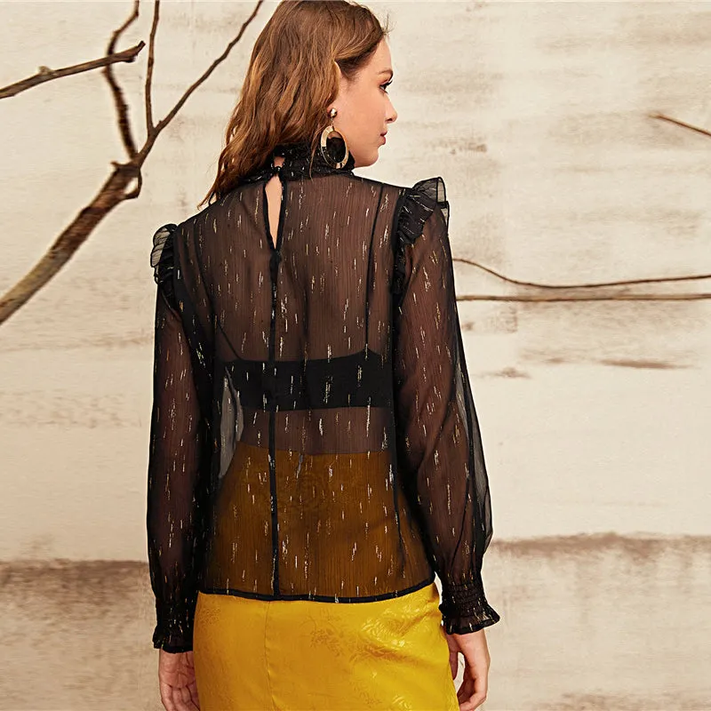 Women's Summer Chiffon High-Neck Blouse With Ruffles