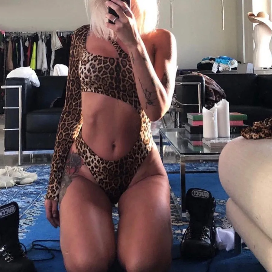 Women's Summer Hollow Out One-Shoulder Bodysuit With Leopard Pattern