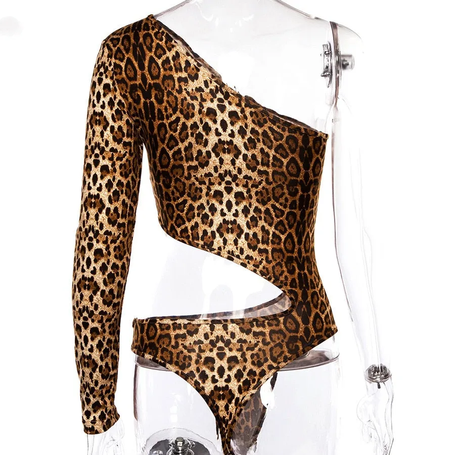 Women's Summer Hollow Out One-Shoulder Bodysuit With Leopard Pattern