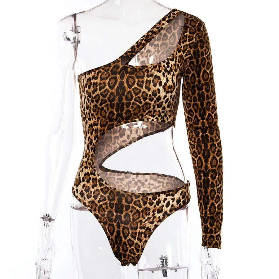 Women's Summer Hollow Out One-Shoulder Bodysuit With Leopard Pattern
