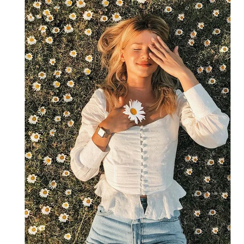 Women's Summer Long Sleeve Blouse With Square Neck