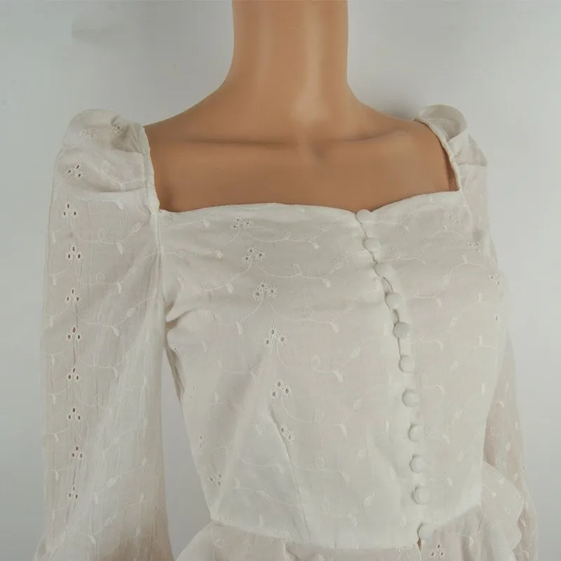 Women's Summer Long Sleeve Blouse With Square Neck