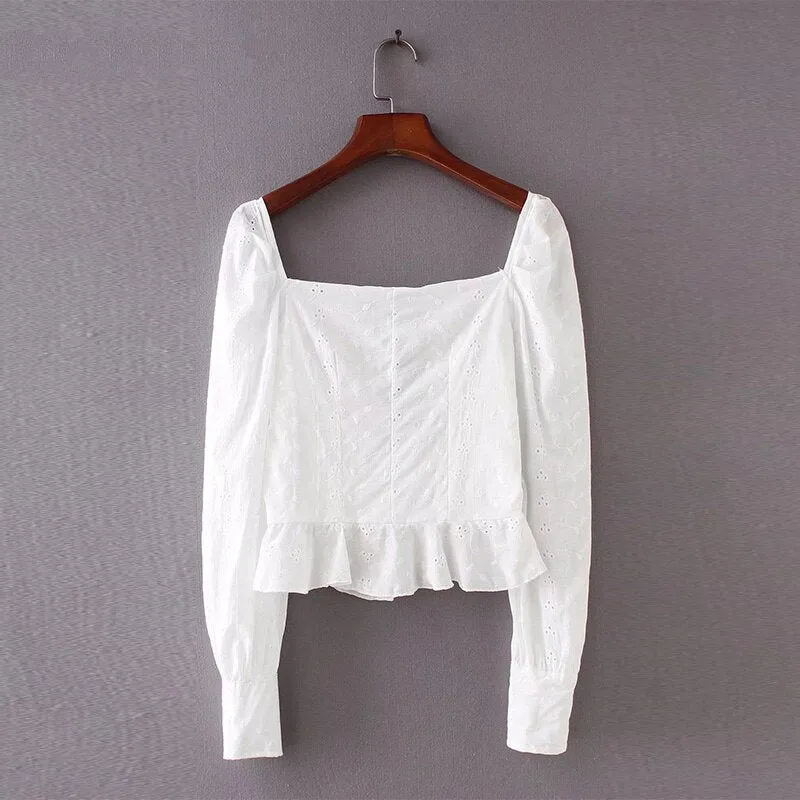 Women's Summer Long Sleeve Blouse With Square Neck