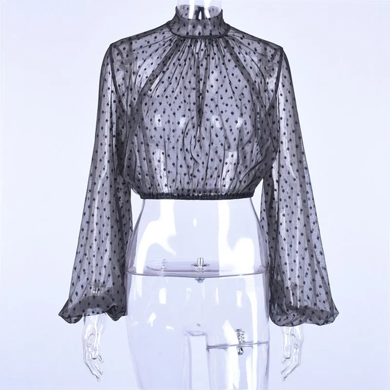 Women's Summer Mesh Lantern Long-Sleeved Blouse With Dots