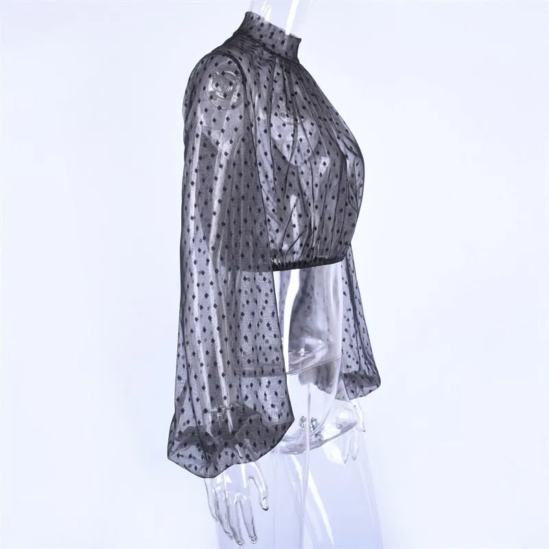 Women's Summer Mesh Lantern Long-Sleeved Blouse With Dots