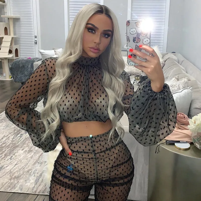 Women's Summer Mesh Lantern Long-Sleeved Blouse With Dots