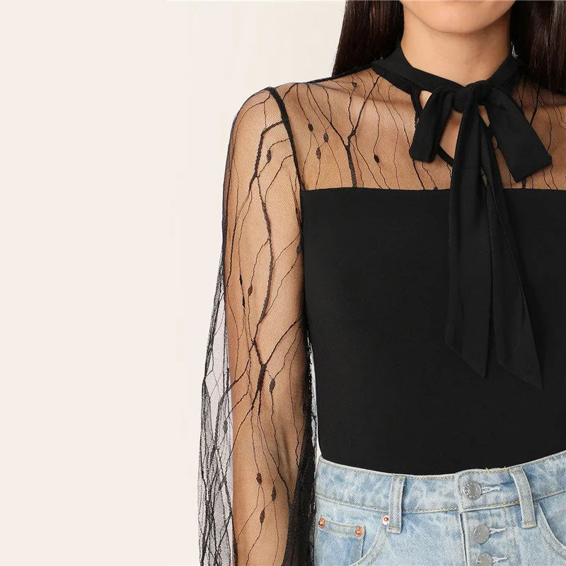 Women's Summer Mesh Long-Sleeved Blouse With Lace