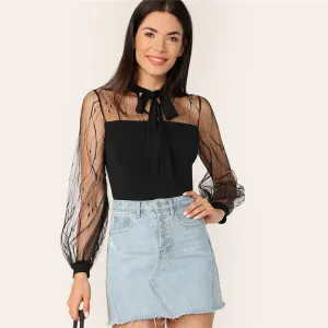 Women's Summer Mesh Long-Sleeved Blouse With Lace
